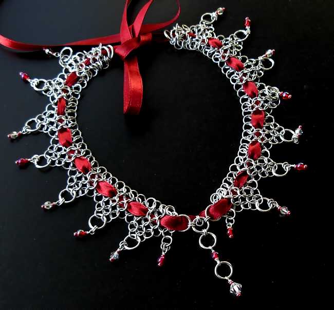 chainmail red ribbon and crystals